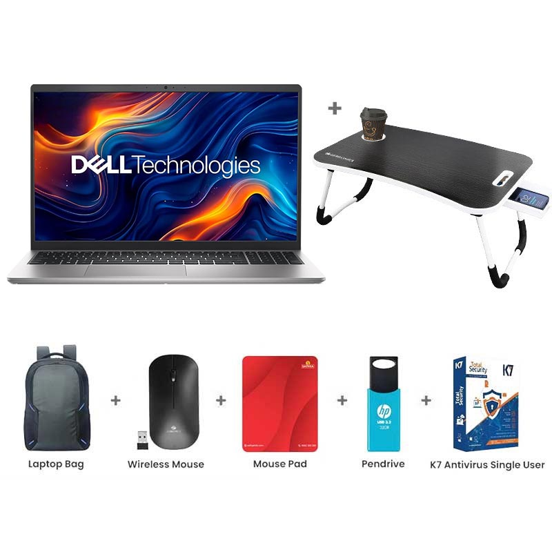 Picture of Dell Inspiron 3535 - AMD Ryzen 5-7530U 15.6" (39.62cm) Thin & Light Laptop (16GB/ 512GB SSD/ Full HD Display/ AMD Radeon Graphics/ Backlit Standard Keyboard/ ‎Windows 11 Home/ MS Office 2024/ 1 Year Warranty/ Platinum Silver/ 1.67 kg) with Laptop Table + Laptop Bag + Wireless Mouse + Mouse Pad + Pendrive + K7 Antivirus Single User